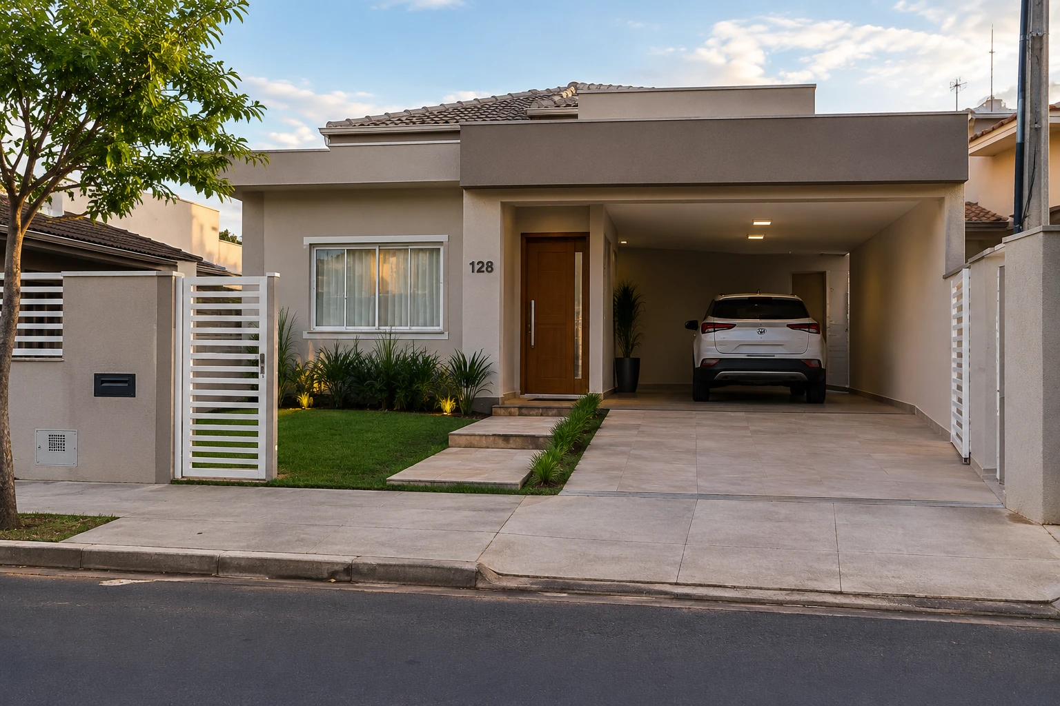 Fachada de residência com garagem e jardim, ao entardecer