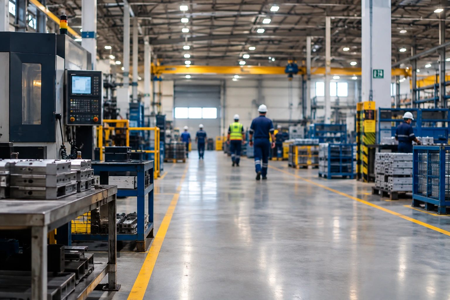 Chão de fábrica com trabalhadores usando equipamentos de proteção individual