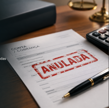 Documento de cobrança com carimbo de anulado sobre mesa de escritório