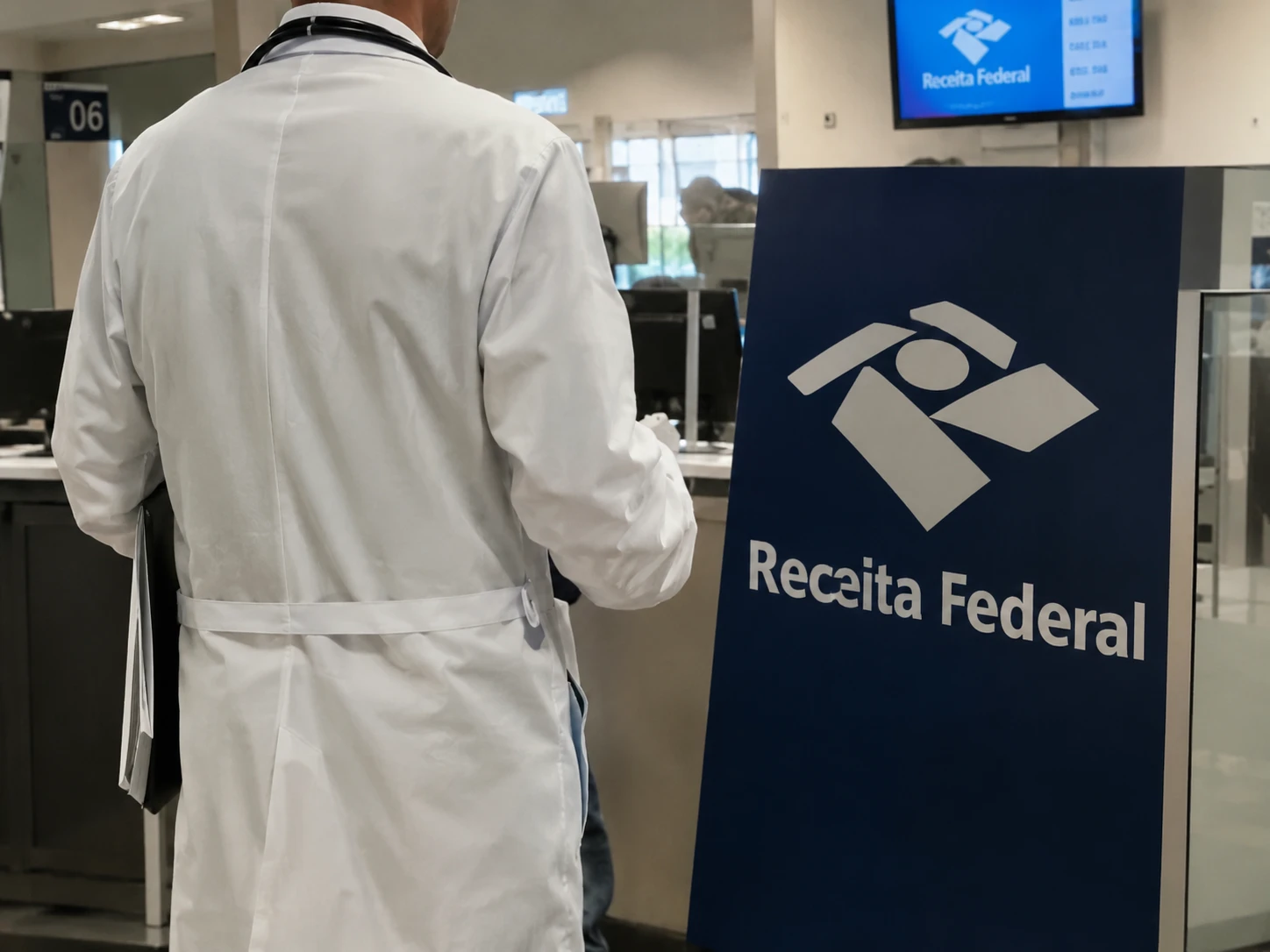 Profissional de jaleco em atendimento na Receita Federal